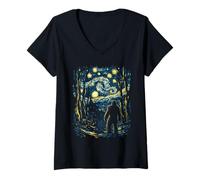 Donna Bigfoot nella notte della foresta stellata ispirato a Van Gogh Art Maglietta con Collo a V