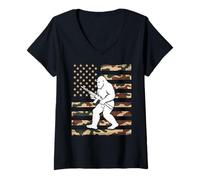 Donna Bigfoot Patriottico con Fucile sulla Bandiera Americana Mimetica USA 2A Maglietta con Collo a V