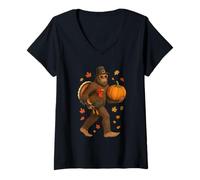 Donna Bigfoot Pilgrim Turkey Pumpkin Thanksgiving Day for Boy Men Maglietta con Collo a V