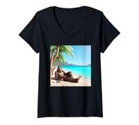 Donna Bigfoot Prendere Il Sole sulla Spiaggia alle Hawaii Maglietta con Collo a V