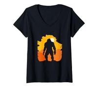 Donna Bigfoot Sasquatch Tramonto Silhouette Camping Gift Maglietta con Collo a V
