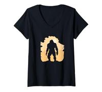 Donna Bigfoot Sasquatch Tramonto Silhouette Camping Gift Maglietta con Collo a V