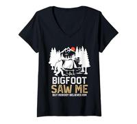 Donna Bigfoot Saw Me But Nobody Believes Him Funny Bigfoot Camping Maglietta con Collo a V