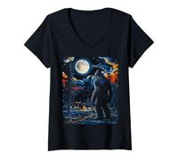 Donna Bigfoot Starry Night - Van Gogh Inspired Sasquatch Art Tee Maglietta con Collo a V