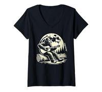 Donna Bigfoot Suonare la chitarra sotto la luna piena nella natura della pineta Maglietta con Collo a V