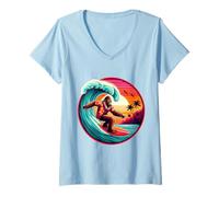 Donna Bigfoot Tavola da Surf Cavalcando Onda al Tramonto Retro Beach Vibes Maglietta con Collo a V