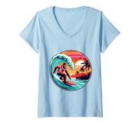 Donna Bigfoot Tavola da Surf Cavalcando Onda al Tramonto Retro Beach Vibes Maglietta con Collo a V