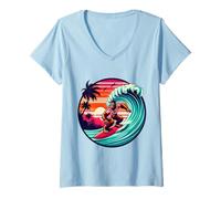 Donna Bigfoot Tavola da Surf Cavalcando Onda al Tramonto Retro Beach Vibes Maglietta con Collo a V