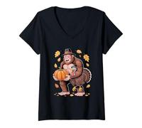 Donna Bigfoot Turchia zucca Ringraziamento Maglietta con Collo a V