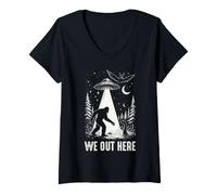 Donna Bigfoot UFO Sasquatch Cryptid Paranormal We out Here Humor Maglietta con Collo a V