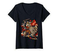 Donna Bin Raider Raccoon Japanese Ukiyo-e Warrior Woodblock Maglietta con Collo a V