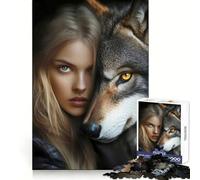 Donna bionda e il suo lupo Puzzle da 1000 pezzi per adolescenti Chiarezza mentale, relax, piacere, incastro perfetto, sorpresa festiva (38x26cm)