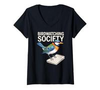 Donna Birdwatching Society Acquerello Uccelli Campo Note Maglietta con Collo a V
