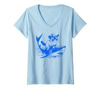 Donna Birman Cat Riding Shark - Divertente gatto cowboy amante Maglietta con Collo a V