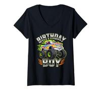 Donna Birthday Boy Camion Mostro Fiamme Compleanno Bambino Maglietta con Collo a V
