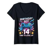 Donna Birthday Boy Time To Level Up Gamer Videogioco 14 Anni Maglietta con Collo a V