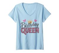 Donna Birthday Queen Rosa Animale Stampa Leopardo Farfalla Corona Maglietta con Collo a V