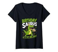 Donna Birthday Saurus T-Rex Torta di Compleanno Dino Ruggito Maglietta con Collo a V