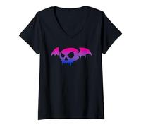 Donna Bisexual Bat Vampire Skull Bi Pride Flag Goth Halloween Maglietta con Collo a V
