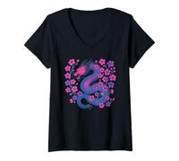 Donna Bisexual Japanese Dragon Bi Pride Flag Colors Floral Maglietta con Collo a V