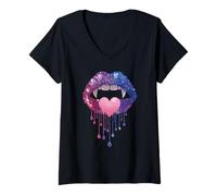 Donna Bisexual Vampire Lips Fangs Bi Pride Heart Halloween Maglietta con Collo a V