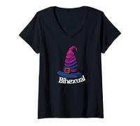Donna Bisexual Witch Pun Bihexual Bi Pride Flag Colors Halloween Maglietta con Collo a V