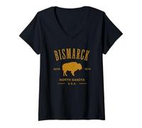 Donna Bismarck - Souvenir del Nord Dakota Bison Design Maglietta con Collo a V
