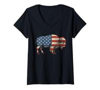 Donna Bison USA American Flag Patriotic United States Maglietta con Collo a V