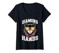 Donna Bitcoin HODL Mani di Diamanti Gatto Maglietta con Collo a V