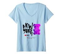 Donna Bite Me, Cool New York City Purple Candy Gum Bear Graphic Maglietta con Collo a V