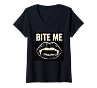 Donna Bite Me Vampire Labbra Gotico Halloween Emo Edgy Maglietta con Collo a V