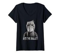 Donna Bite The Bullet Shoebill Cicogna Umorismo Maglietta con Collo a V