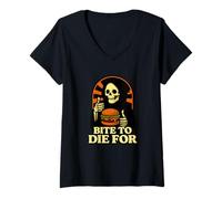 Donna Bite to Die per Burger Grim Mietitore Umorismo Maglietta con Collo a V