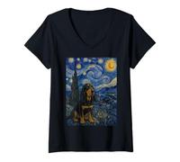 Donna Black And Tan Coonhound Dog Van Gogh Notte Stellata Maglietta con Collo a V