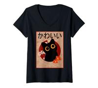 Donna Black Anime Cat T Shirt Japanese Kawaii cat T Shirt Maglietta con Collo a V