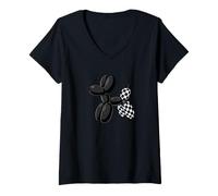 Donna Black Balloon Dog Checkerboard Modern Pop Art Poodle Maglietta con Collo a V