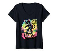 Donna Black Cat, BMX Rider Ride The Night, Arte ciclistica Urbana Maglietta con Collo a V