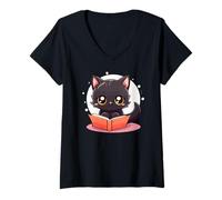Donna Black Cat Book Lover Reading Easily Distracted By Books Cats Maglietta con Collo a V