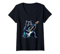 Donna Black Cat che suona la chitarra Rock and Roll Rock Star Design Maglietta con Collo a V