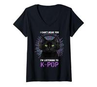 Donna Black Cat Cuffie K-Pop Lover Music Fan Maglietta con Collo a V