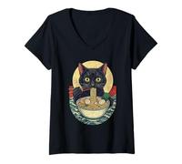Donna Black Cat Eating Ramen Japanese Noodles Kawaii Food Anime Maglietta con Collo a V