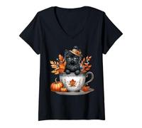 Donna Black Cat for Fall Lover Cat Mom Autumn Season Cute Kitten Maglietta con Collo a V