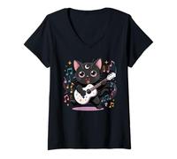 Donna Black Cat Guitar Rock Kawaii Goth Girl Vestiti Rosa Goth Maglietta con Collo a V