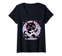 Donna Black Cat Guitar Rock Kawaii Goth Girl Vestiti Rosa Goth Maglietta con Collo a V