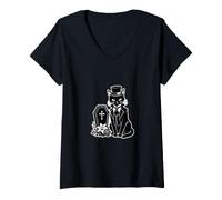 Donna Black Cat Mortician Gothic Coffin Victorian Cemetery Maglietta con Collo a V