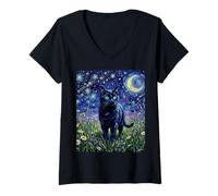 Donna Black Cat Night Glow Stars And Moon Opera d'Arte Maglietta con Collo a V