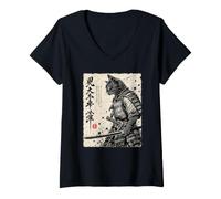 Donna Black Cat Samurai Guerriero Giapponese Katana Vintage Ink Art Maglietta con Collo a V