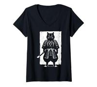 Donna Black Cat Samurai Warrior Giapponese Sumi-e Art Uomini Donne Bambini Maglietta con Collo a V