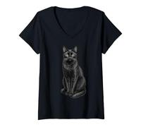 Donna Black Cat Sitting Calmly Maglietta con Collo a V
