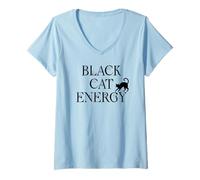 Donna Black Cat Witch Energy Black Cat Halloween Cute Witchy Cat Maglietta con Collo a V